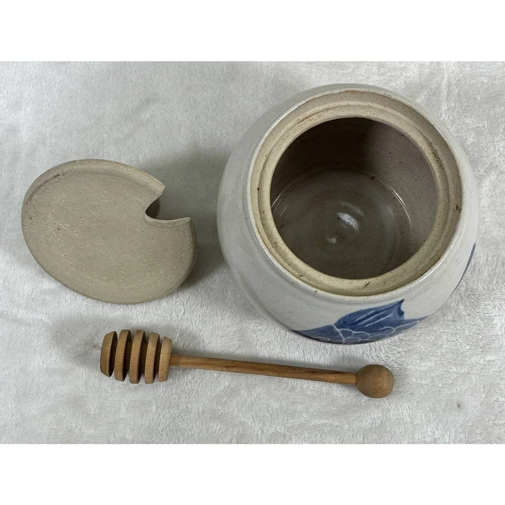 Handmade Studio Art Pottery Honey Jar Blue & White Fish Glaze with Lid & Dipper
